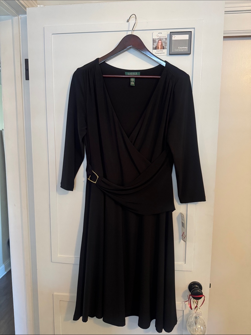 NWT Lauren Ralph Lauren Black Wrap-Front Dress w Gold Buckle $134 Size 14